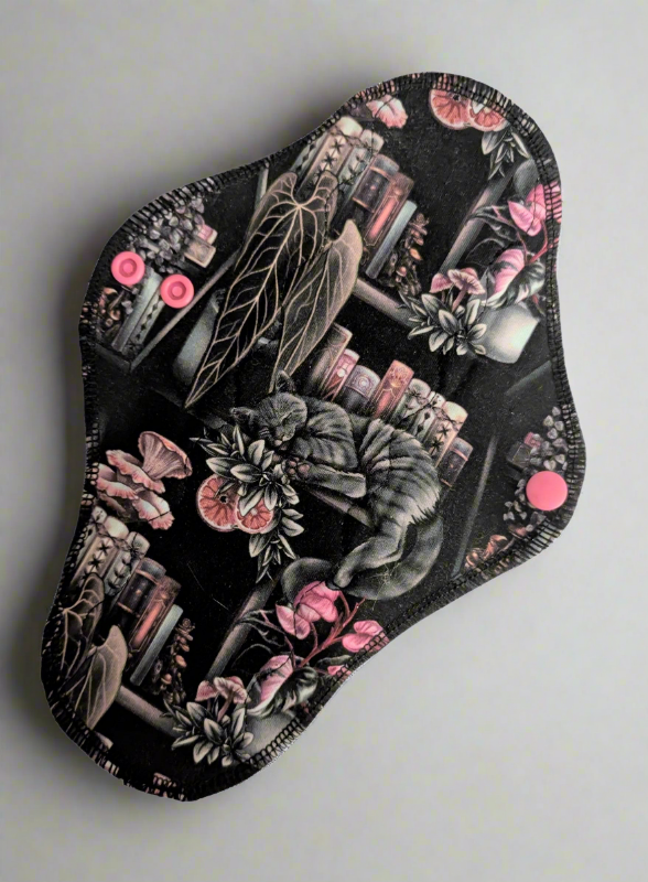 Adorable grey striped cat napping on a book case with books, plants, mushrooms and flowers, black background