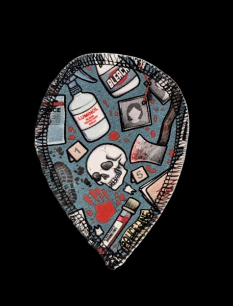 Teardrop-shaped design with various items including luminol and bleach