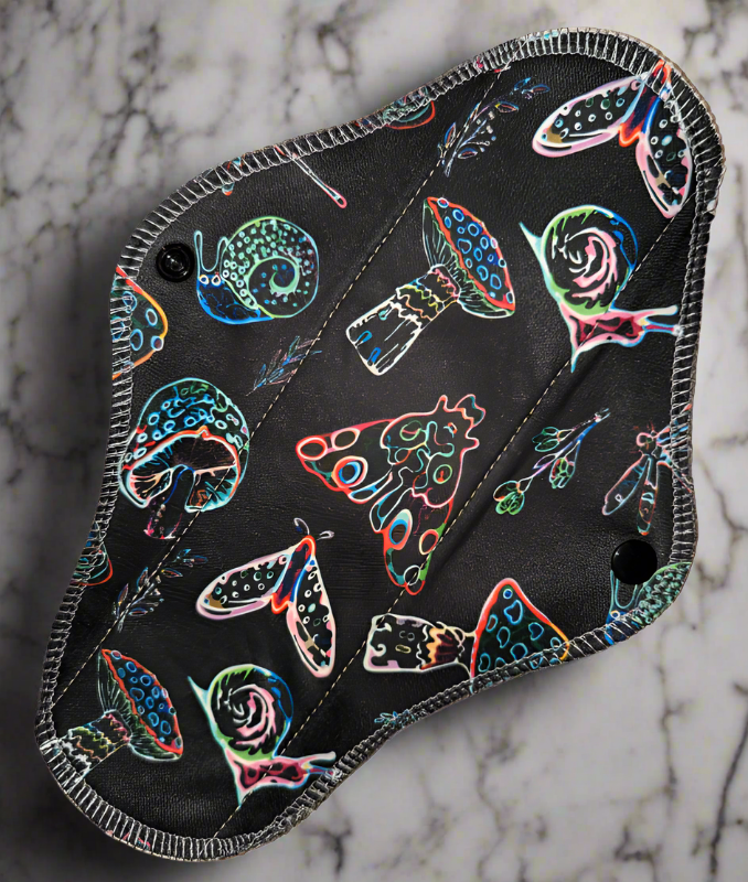 Print is solid black with neon-light outlines of mushrooms, snails, and moths.