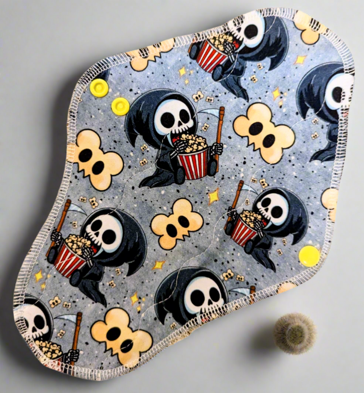 hand-drawn Reaper with bowls of popcorn.