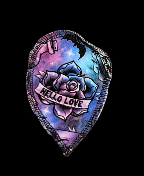 Teardrop-shaped ILP with a rose design and 'Hello Love' text on a white background- RANDOM PLACEMENT