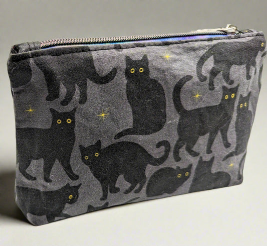 7" x 5.5" Bag Zippered - grey background black cats yellow eyes sparkling stars