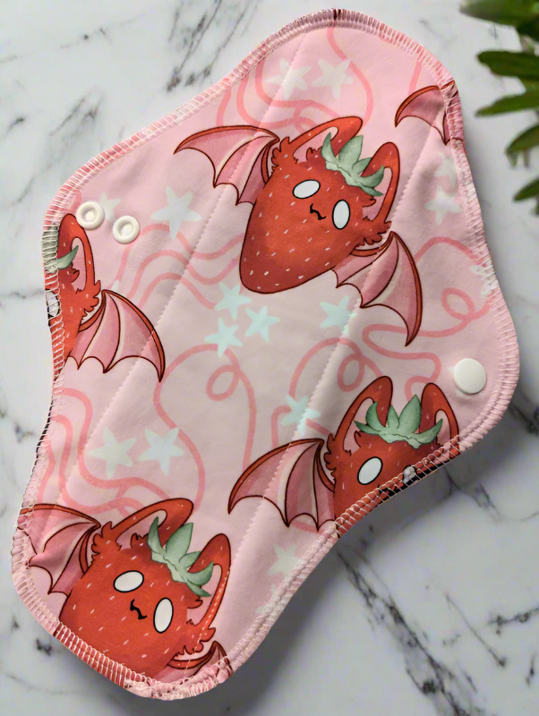 light pink background with Strawberries with bat ears and wings, green tops