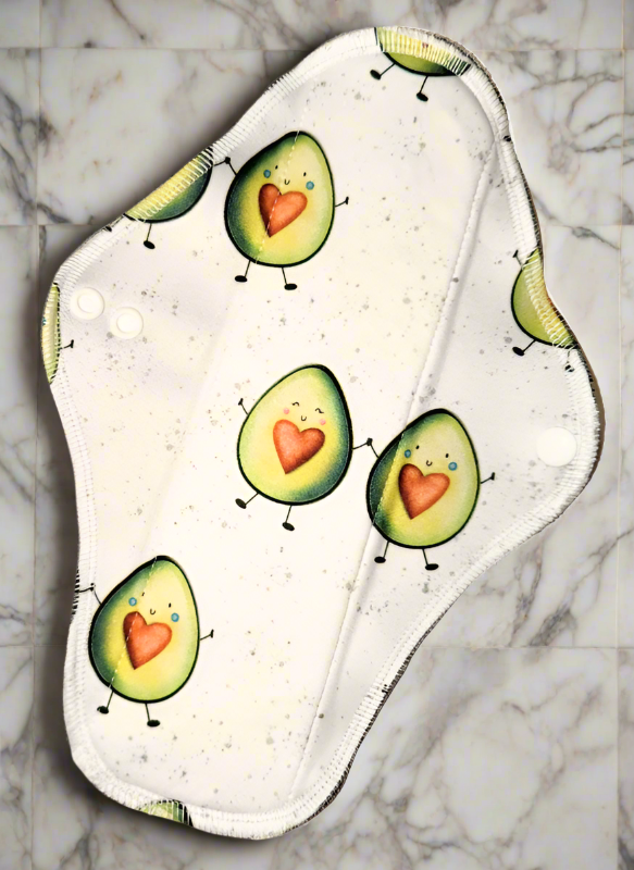 Avocados - Pique - half avocados with faces, hands and feet with heart shaped pits in the stomach