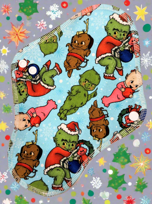 Think Grinch as a Kewpie doll with his friends on a light blue background with snowflakes