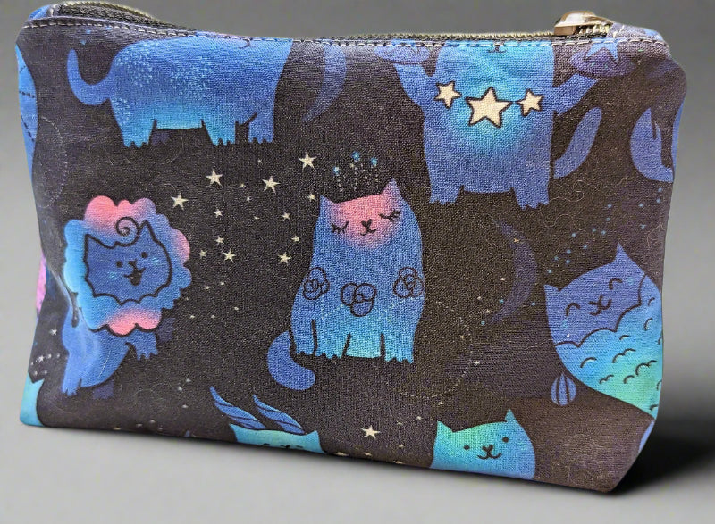 7" x 5.5" Bag Zippered - zodiac cats black background blue cats in shapes of zodiac