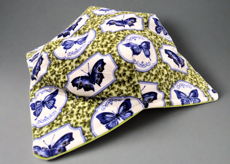 Bowl Cozy - Medium Sized - blue butterflies and green solid