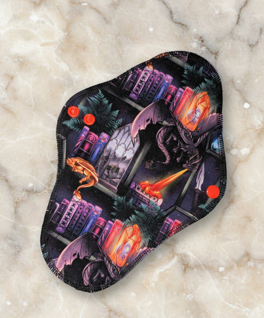 Fantasy-themed with dragons breathing fire and magical elements on a black background