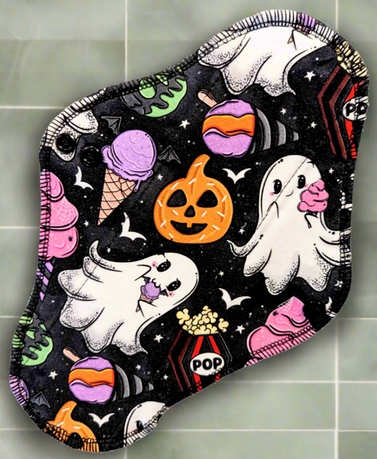 Ghoulish Treats - Cotton Spandex - Black background, ghosts eating ice cream cones, batty ice cream, popcorn, pumpkins