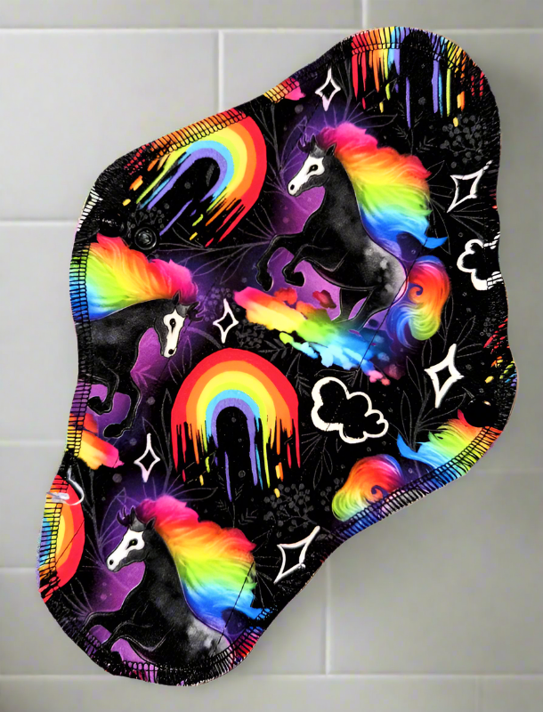 Horse Familiar - Black horse with rainbow main and tale with dripping rainbows, clouds and stars on a black background