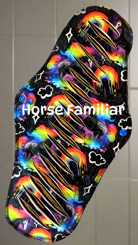 Black Horse standing on rainbow water with dripping rainbows white traced clouds and stars