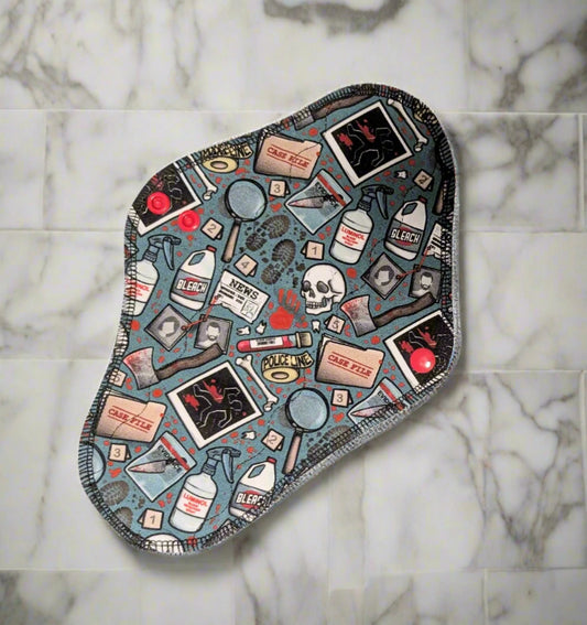 Crime Scene cloth pad print various tools used at crime scenes hand drawn on blue green background