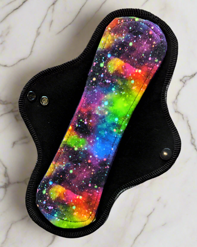 Black Cotton Spandex bottom layer for sleek durability, paired with a stunning Rainbow Galaxy print on the raised core layer.