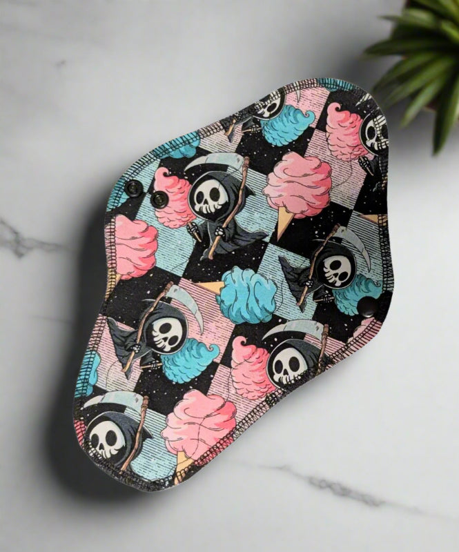 Reaper Cotton Candy- Reapers with scythe carrying either pink or blue cotton candy on checkered background