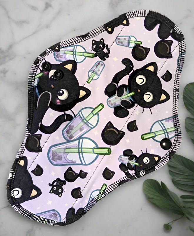 Boba Kitty - Cotton Spandex - purple background, small black cats sipping Boba tea. Black cat heads, extra boba tea drinks